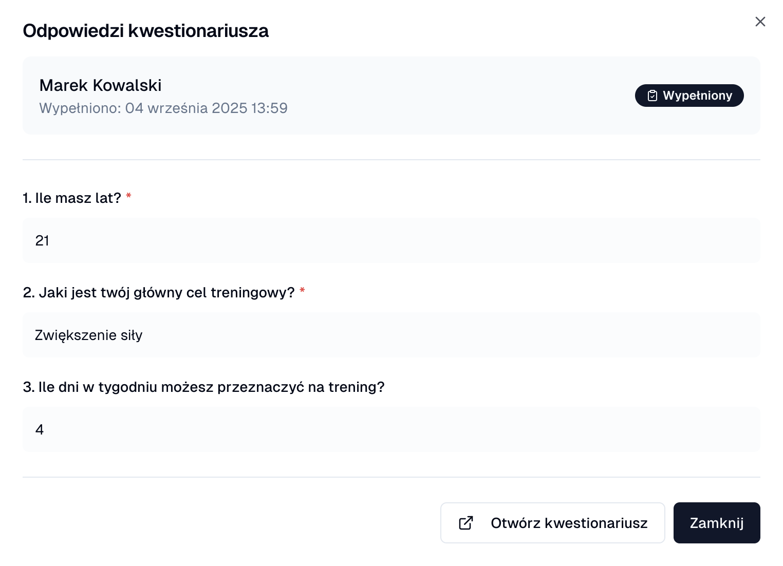 Widok analizy odpowiedzi kwestionariusza
