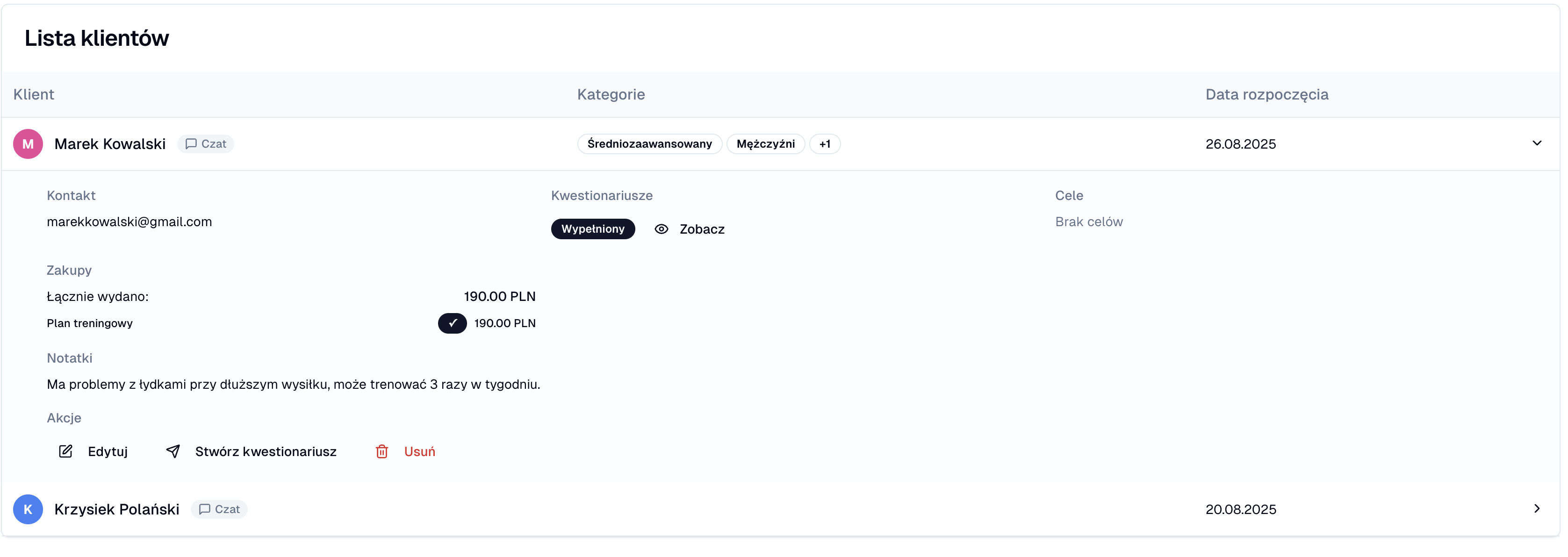 Lista klientów w CRM z sortowaniem i filtrami