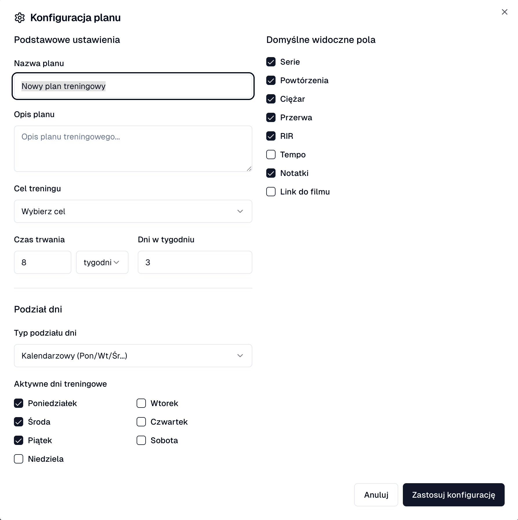 Personalizacja wyglądu planu treningowego