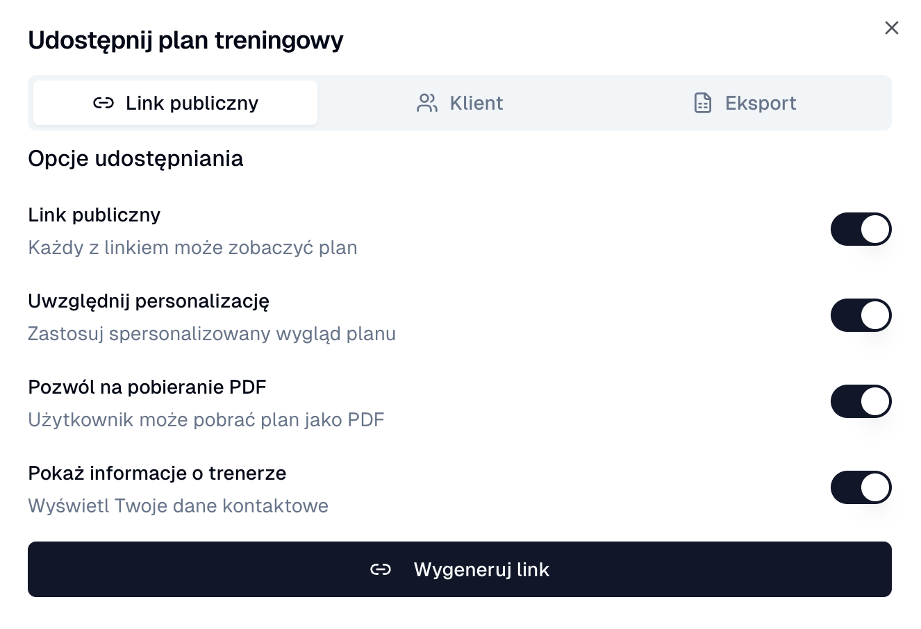 Udostępnianie planu treningowego linkiem