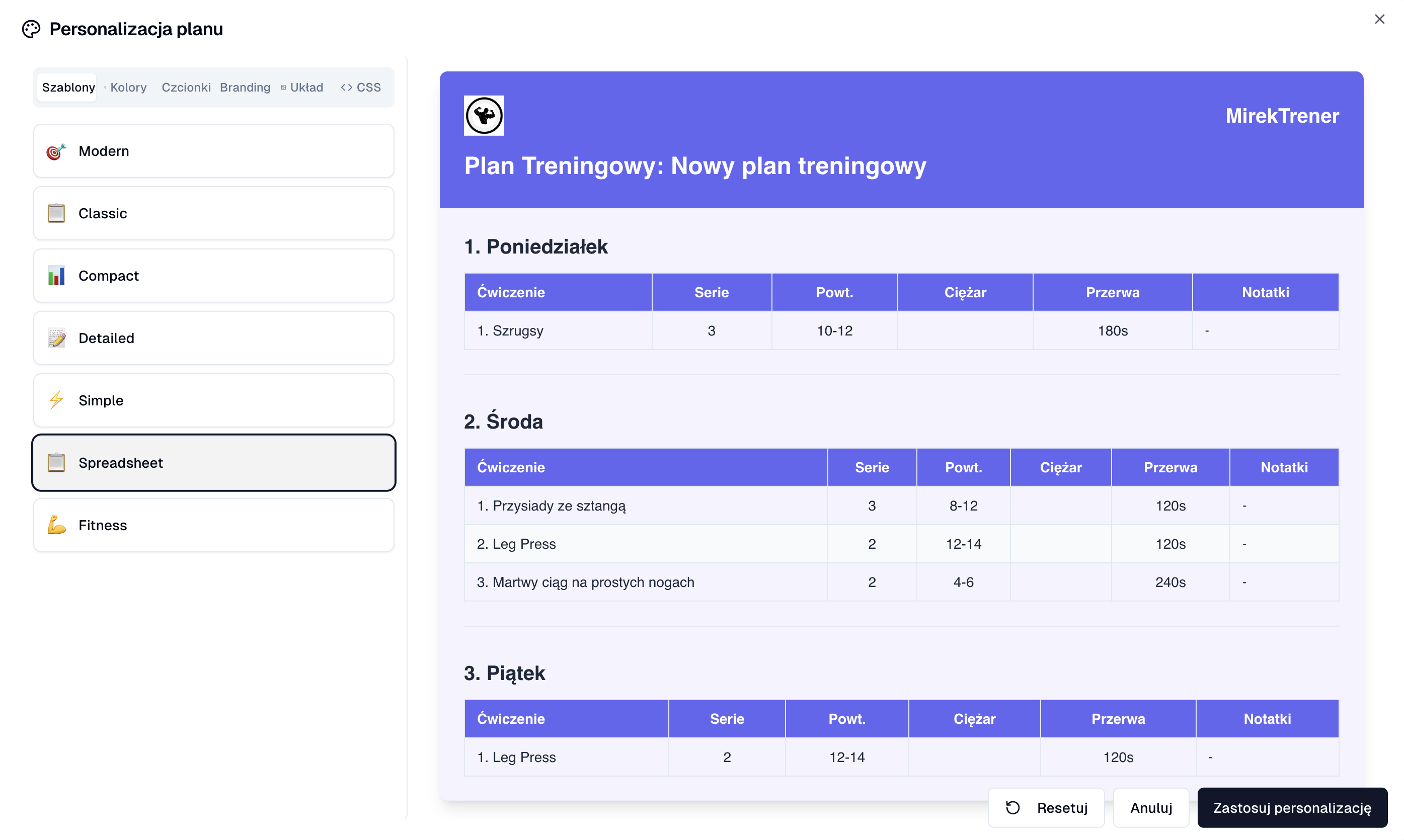 Ustawienia personalizacji wyglądu planu - kolory i typografia