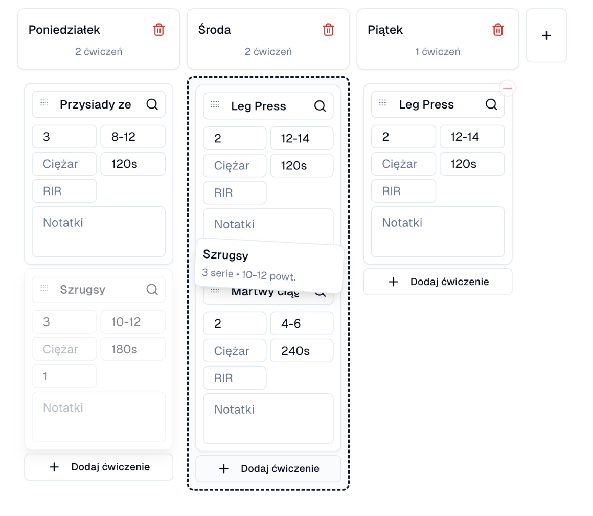 Generator planu treningowego z drag & drop