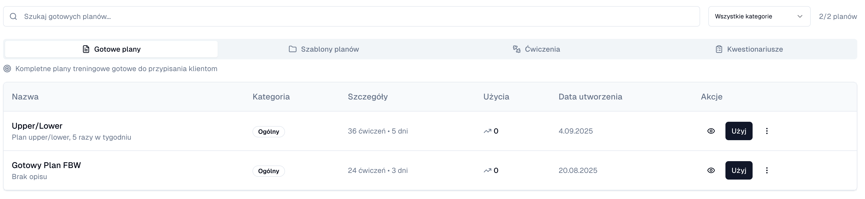 Lista gotowych planów treningowych