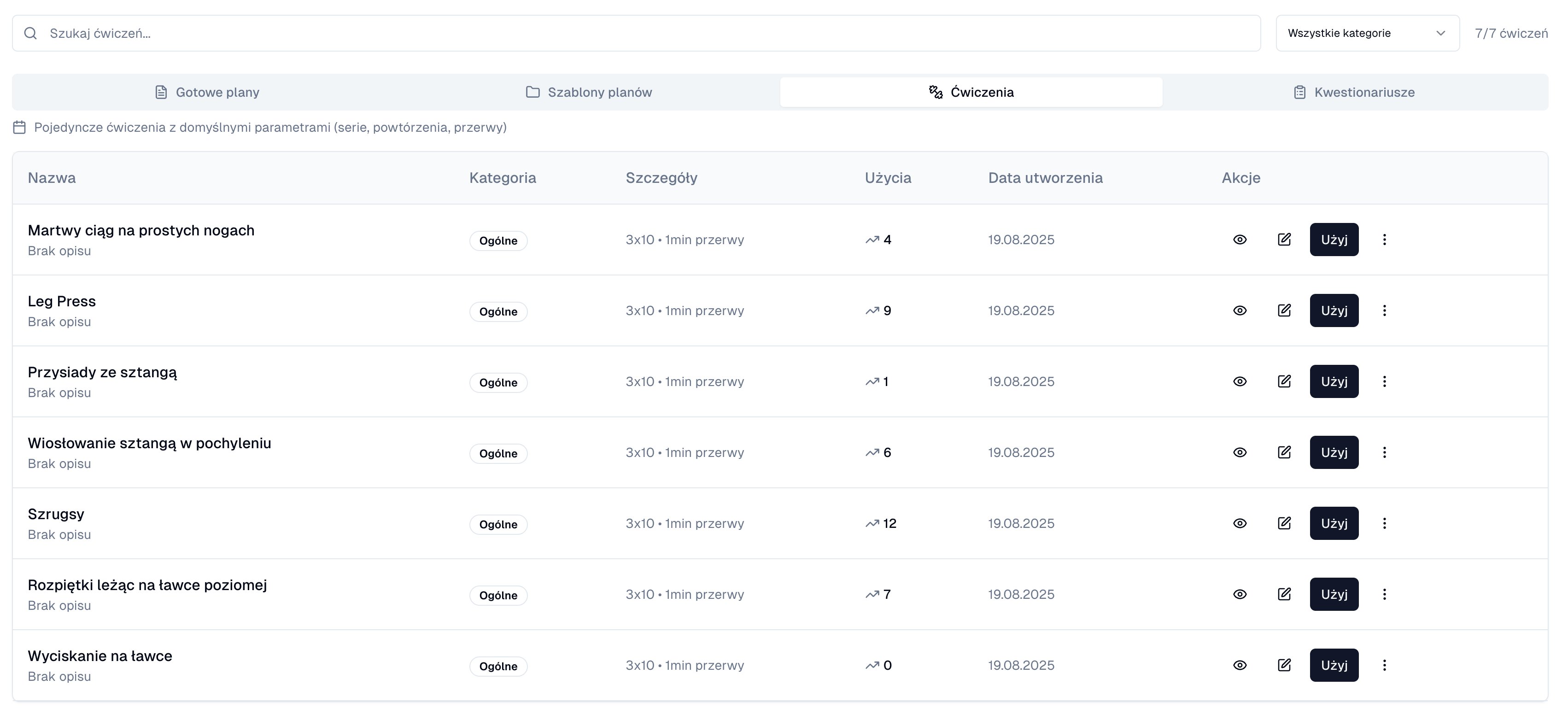 Widok biblioteki szablonów ćwiczeń