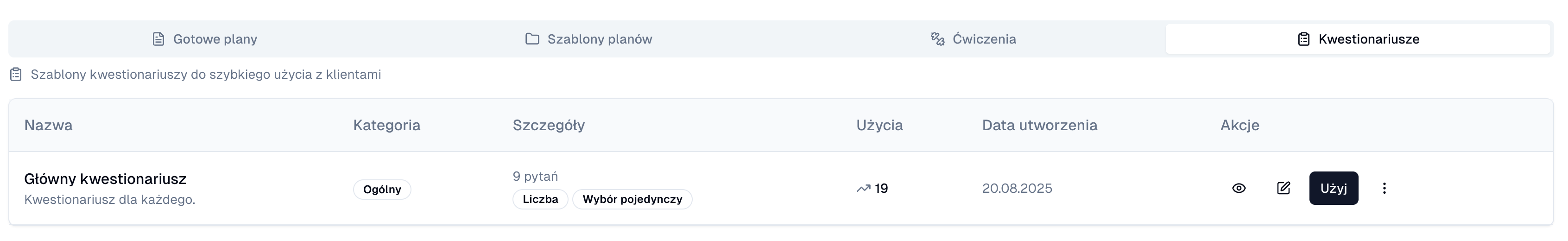 Lista szablonów kwestionariuszy