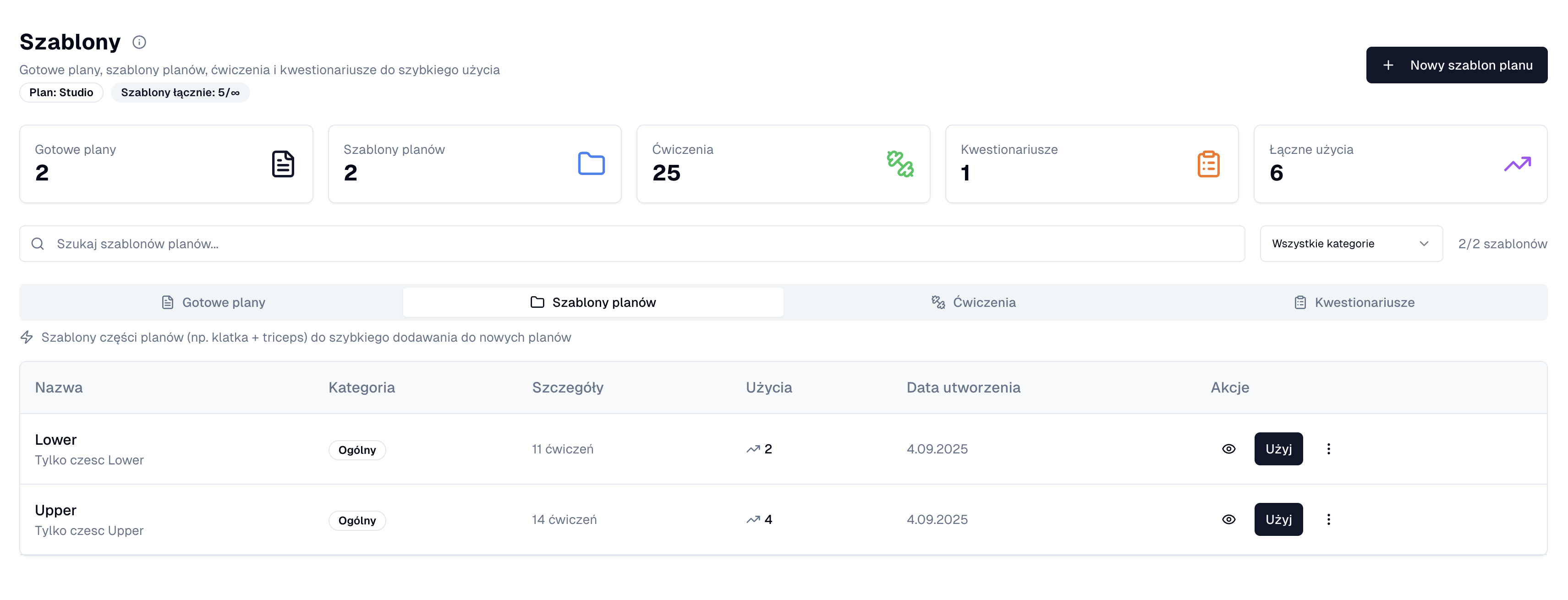 Widok listy szablonów planów treningowych