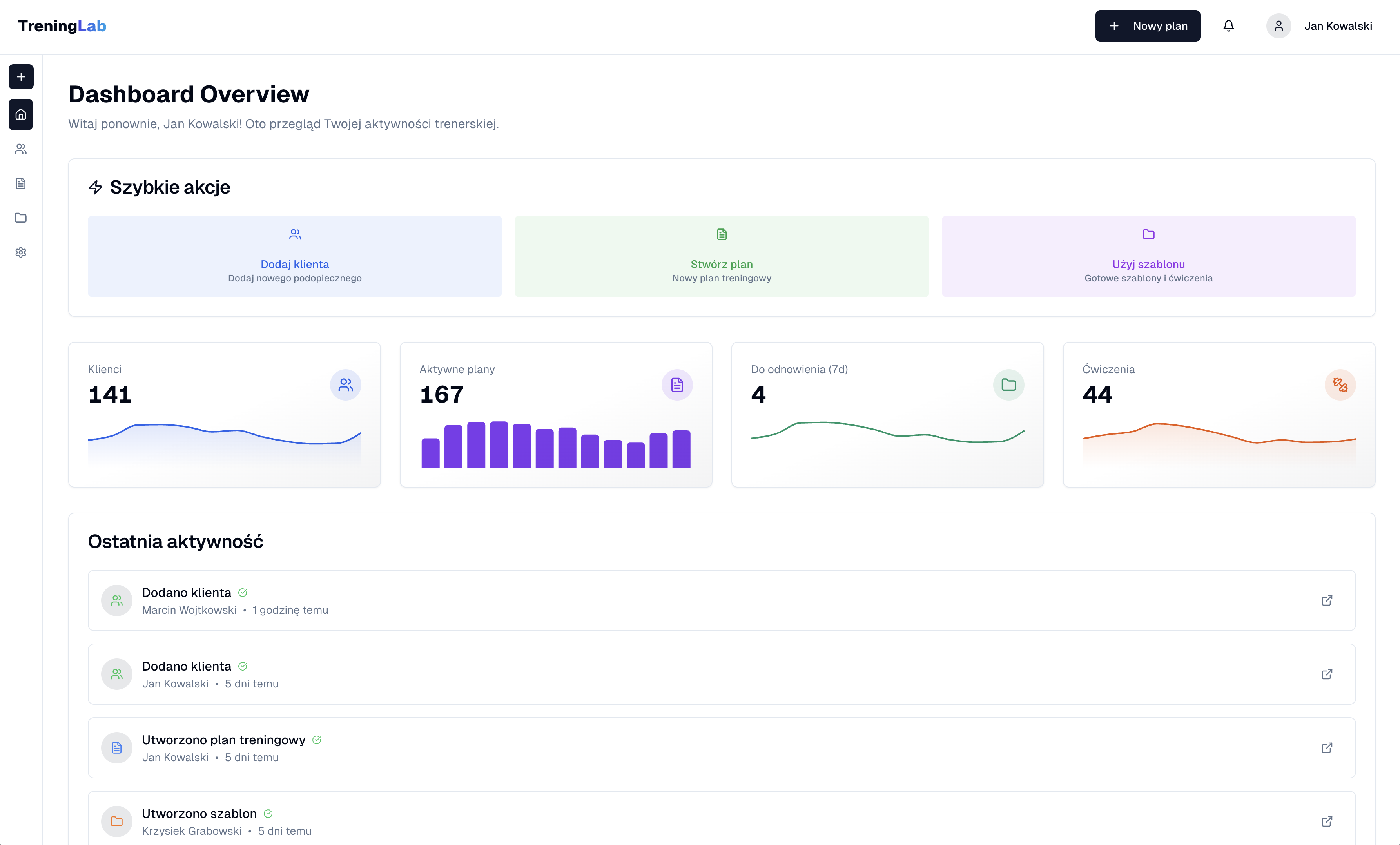 Podgląd panelu CRM TreningLab z narzędziami do zarządzania klientami i planami treningowymi